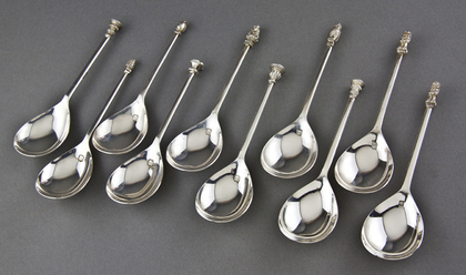 Silver Jubilee 16th Century Knop End Spoons (Set of 10) - Seal Tops, Lion Sejant, Maidenhead, Wrythen, Pudsey